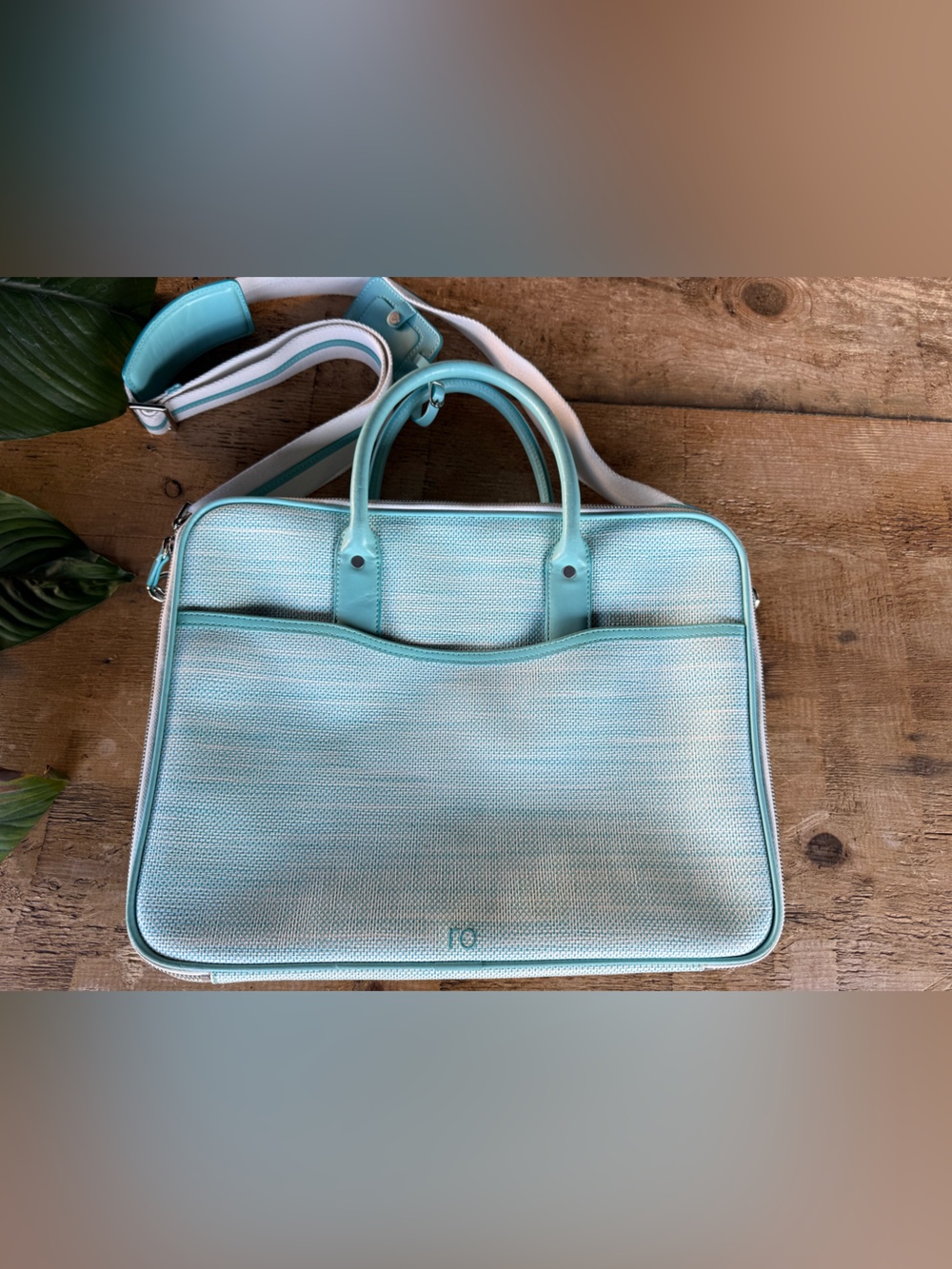 ro New York 
Lulu Aqua Canvas Leather Laptop Briefcase Tote with Shoulder Strap